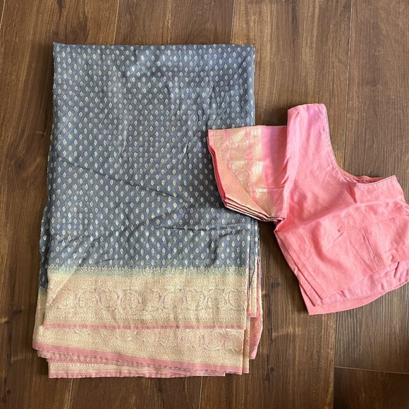 Grey Pink Banarasi Silk Blend Saree Buti Design Gold Pallu Festive - Picture 4 of 13